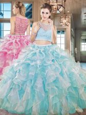 Low Price Sleeveless Floor Length Beading and Ruffles Side Zipper Quinceanera Dresses with Aqua Blue