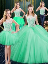 Beautiful Four Piece Scoop Sleeveless 15th Birthday Dress Floor Length Lace and Pick Ups Apple Green Tulle