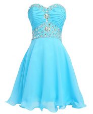 Exquisite Aqua Blue Empire Organza Sweetheart Sleeveless Beading and Belt Mini Length Lace Up Prom Dresses