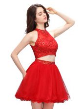 Chic Coral Red Two Pieces Organza High-neck Sleeveless Beading Mini Length Zipper Prom Party Dress