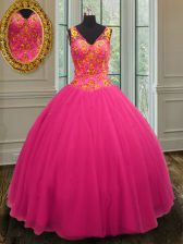 Dynamic Hot Pink V-neck Neckline Beading Quince Ball Gowns Sleeveless Zipper