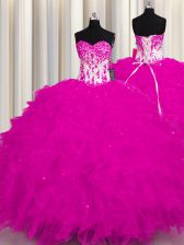 Wonderful Sleeveless Floor Length Appliques Lace Up Quince Ball Gowns with Fuchsia