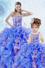Glamorous Multi-color Organza Lace Up Ball Gown Prom Dress Sleeveless Floor Length Beading and Ruffles and Sequins