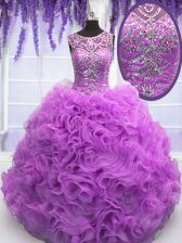  Lilac Scoop Neckline Beading and Ruffles Quince Ball Gowns Sleeveless Lace Up