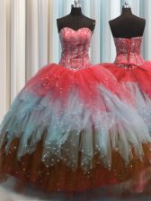 Fashion Visible Boning Multi-color Lace Up Sweetheart Beading and Ruffles and Sequins Quinceanera Gowns Tulle Sleeveless
