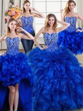  Four Piece Royal Blue Sleeveless Brush Train Beading and Ruffles Vestidos de Quinceanera