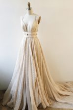  Lace With Train A-line Sleeveless Champagne Prom Gown Court Train Backless