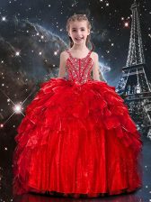 Red Ball Gowns Organza Spaghetti Straps Sleeveless Beading and Ruffles Floor Length Lace Up Little Girls Pageant Dress