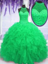  High-neck Neckline Beading and Ruffles Ball Gown Prom Dress Sleeveless Lace Up