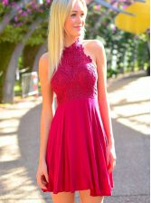 Stunning Hot Pink Chiffon Zipper Halter Top Sleeveless Mini Length Appliques