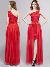 Popular One Shoulder Sleeveless Prom Dresses Floor Length Lace and Bowknot Red Tulle and Lace