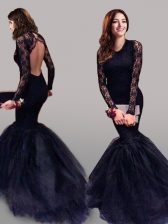 Luxurious Mermaid Scoop Long Sleeves Brush Train Backless Evening Dress Navy Blue Tulle
