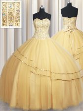  Sleeveless Tulle Floor Length Lace Up Ball Gown Prom Dress in Gold with Beading and Sequins