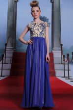  Royal Blue Column/Sheath Scoop Cap Sleeves Chiffon Floor Length Zipper Embroidery and Sequins Prom Evening Gown