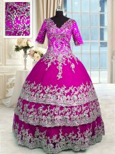  Fuchsia V-neck Zipper Beading and Appliques and Ruffled Layers Quinceanera Gown Half Sleeves