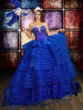  Royal Blue Ball Gowns Organza Sweetheart Sleeveless Beading and Ruffled Layers Floor Length Lace Up 15 Quinceanera Dress