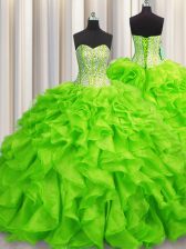Noble Visible Boning Sleeveless Floor Length Beading and Ruffles Lace Up Sweet 16 Dress
