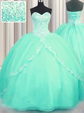 Hot Selling Turquoise Organza Lace Up Quinceanera Gown Sleeveless With Brush Train Beading and Appliques
