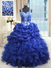Customized Royal Blue Ball Gowns Organza Straps Sleeveless Beading and Ruffles and Pick Ups Floor Length Zipper Sweet 16 Dress