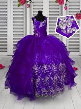 Simple Sleeveless Organza Floor Length Lace Up Child Pageant Dress in Navy Blue with Appliques and Ruffled Layers