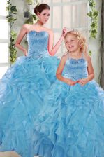 Hot Sale Aqua Blue Ball Gowns Beading and Ruffles 15th Birthday Dress Lace Up Organza Sleeveless Floor Length