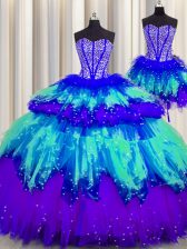  Three Piece Visible Boning Sweetheart Sleeveless Lace Up Sweet 16 Dresses Multi-color Tulle
