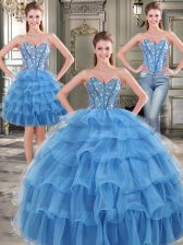 Best Selling Three Piece Blue Sleeveless Beading and Ruffled Layers Floor Length Ball Gown Prom Dress