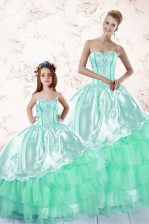 Elegant Apple Green Quinceanera Dresses Military Ball and Sweet 16 and Quinceanera with Embroidery and Ruffled Layers Sweetheart Long Sleeves Lace Up