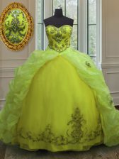 Hot Sale Beading and Appliques and Pick Ups 15 Quinceanera Dress Yellow Green Lace Up Sleeveless With Train Court Train