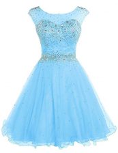 Wonderful Sleeveless Tulle Knee Length Zipper Prom Dresses in Baby Blue with Beading