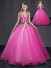  Floor Length Hot Pink Vestidos de Quinceanera V-neck Sleeveless Lace Up