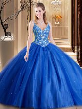  Blue Sleeveless Tulle Lace Up Quinceanera Gowns for Military Ball and Sweet 16 and Quinceanera