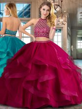 Adorable Halter Top Backless Fuchsia Sweet 16 Dresses Tulle Brush Train Sleeveless Beading and Ruffles