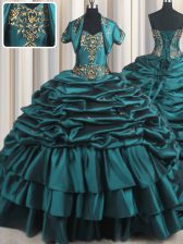  Pick Ups Teal Sleeveless Taffeta Brush Train Lace Up Sweet 16 Quinceanera Dress for Military Ball and Sweet 16 and Quinceanera