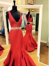 Perfect Red Mermaid V-neck Sleeveless Satin Sweep Train Zipper Beading 