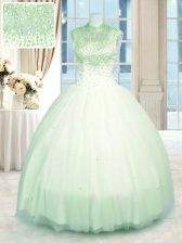 New Style Floor Length Zipper Quinceanera Gown Apple Green for Military Ball and Sweet 16 and Quinceanera with Beading