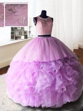  Scoop Lilac Sleeveless Organza and Tulle and Lace Brush Train Zipper Sweet 16 Dress for Military Ball and Sweet 16 and Quinceanera