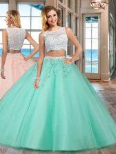Sumptuous Apple Green Two Pieces Beading and Appliques Vestidos de Quinceanera Side Zipper Tulle Sleeveless Floor Length
