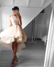  Scoop Champagne A-line Lace Homecoming Dress Backless Organza Sleeveless Asymmetrical