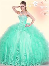 Cute Sleeveless Lace Up Floor Length Beading and Appliques and Ruffles Quinceanera Gown