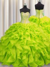 Lovely Visible Boning Yellow Green Ball Gowns Sweetheart Sleeveless Organza Floor Length Lace Up Beading and Ruffles Quinceanera Gowns