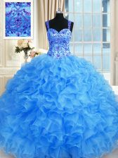 Excellent Baby Blue Sleeveless Organza Lace Up Quinceanera Gown for Military Ball and Sweet 16 and Quinceanera
