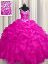 Customized See Through Zipper Up Sleeveless Zipper Floor Length Appliques and Ruffles and Ruffled Layers Quinceanera Dresses