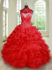 Customized See Through Floor Length Red Quince Ball Gowns Organza Sleeveless Beading and Ruffles and Pick Ups