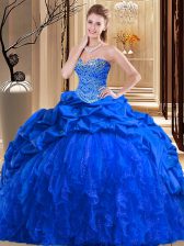  Sleeveless Taffeta and Tulle Brush Train Lace Up Ball Gown Prom Dress in Royal Blue with Beading and Ruffles