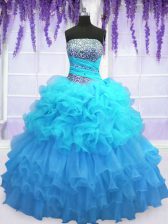 Shining Aqua Blue Sleeveless Floor Length Beading and Ruffled Layers and Pick Ups Lace Up Vestidos de Quinceanera