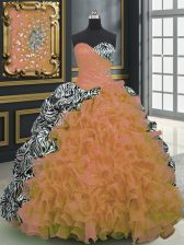 Dynamic Printed Orange Sleeveless Brush Train Beading and Ruffles and Pattern With Train Ball Gown Prom Dress