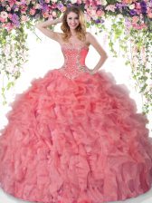  Coral Red Ball Gowns Organza Sweetheart Sleeveless Beading and Ruffles Floor Length Lace Up Sweet 16 Dresses