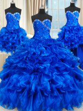 Attractive Four Piece Beading and Ruffles Sweet 16 Dress Royal Blue Lace Up Sleeveless Floor Length