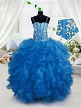  Spaghetti Straps Sleeveless Lace Up Little Girls Pageant Dress Wholesale Blue Organza
